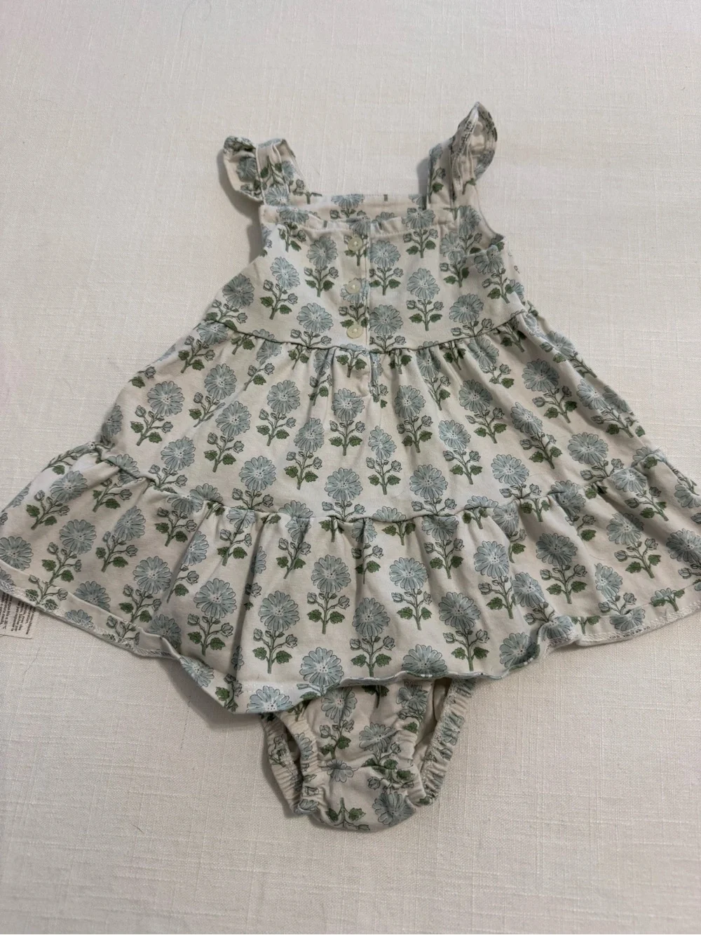 Floral Ruffle Tank Dress with Matching Diaper Cover - Cream and Blue Green